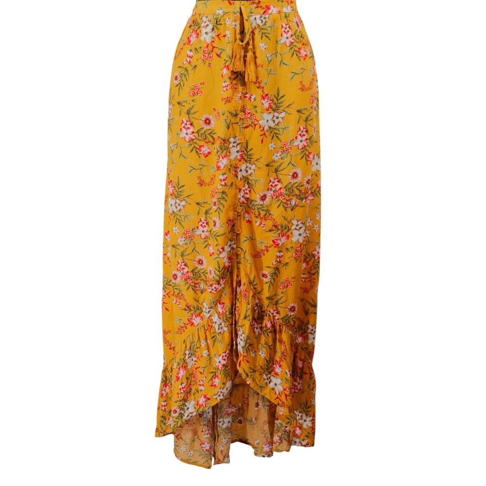 BOG Collective Yellow Floral Ruffle Boho Maxi Skirt‎ XS Cottagecore Festival NWT